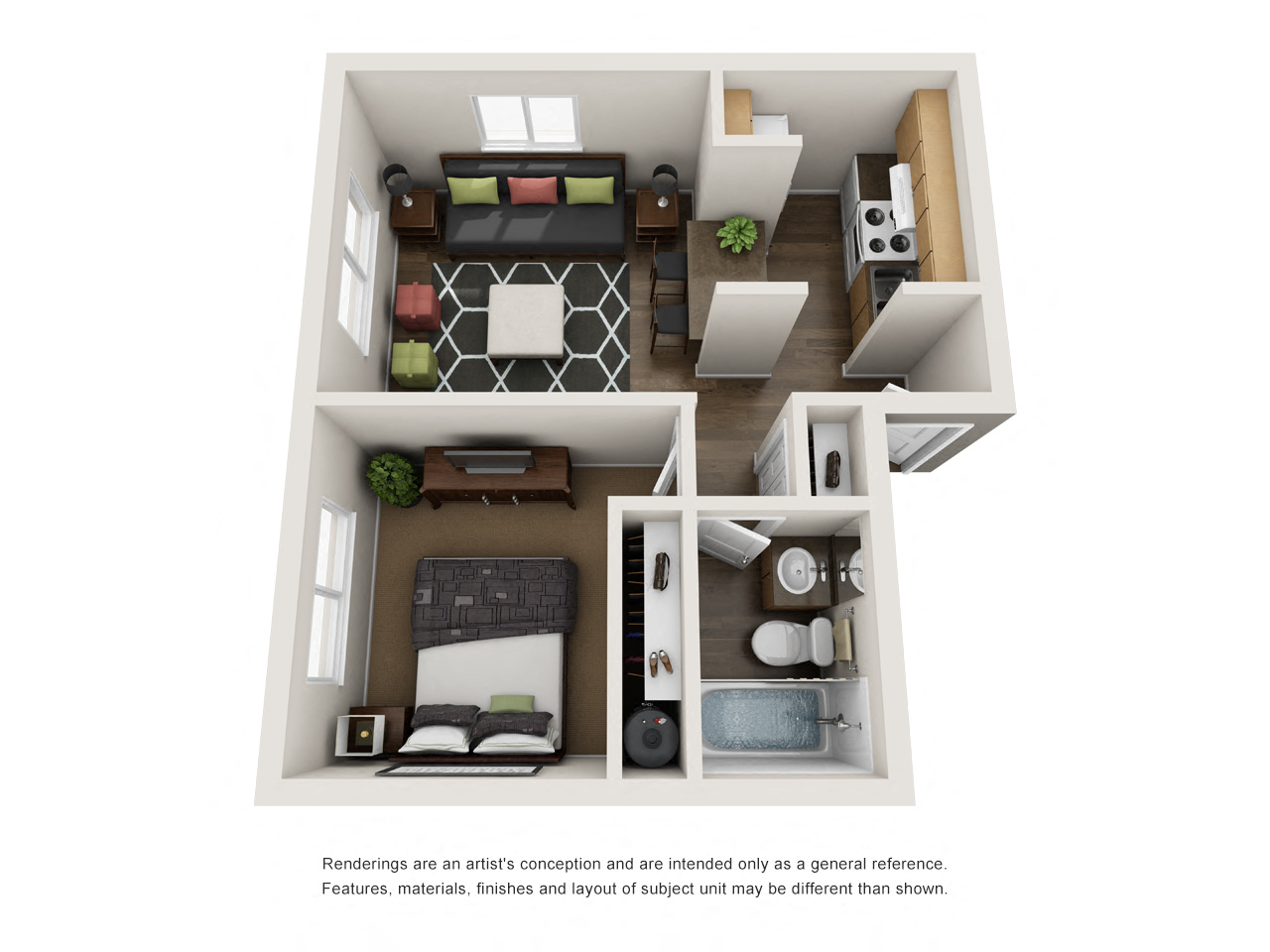 Floor plan for 1 bed, 1 bath, 500 sqft